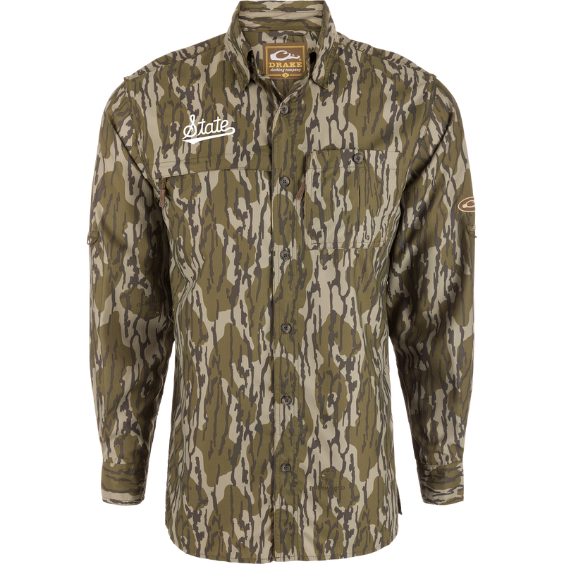 Mississippi State 8-Shot Long Sleeve Shirt with woodland camo, button-up design, two chest pockets, and moisture-wicking fabric, ideal for hunting and outdoor activities.