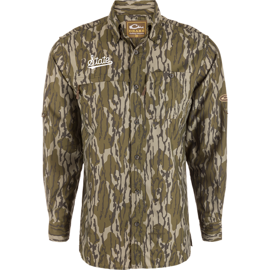 Mississippi State 8-Shot Long Sleeve Shirt with woodland camo, button-up design, two chest pockets, and moisture-wicking fabric, ideal for hunting and outdoor activities.
