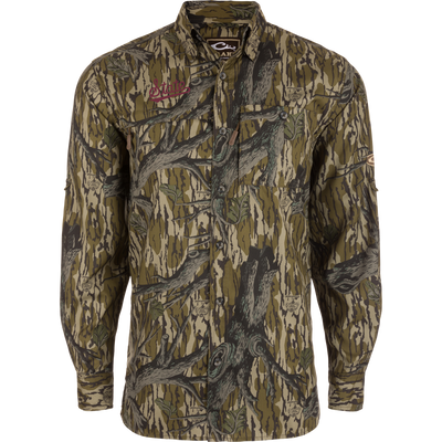 Mississippi State 8-Shot Long Sleeve Shirt in camo pattern, featuring a collared style, embroidered logo, vented cape back, and multiple hidden pockets.