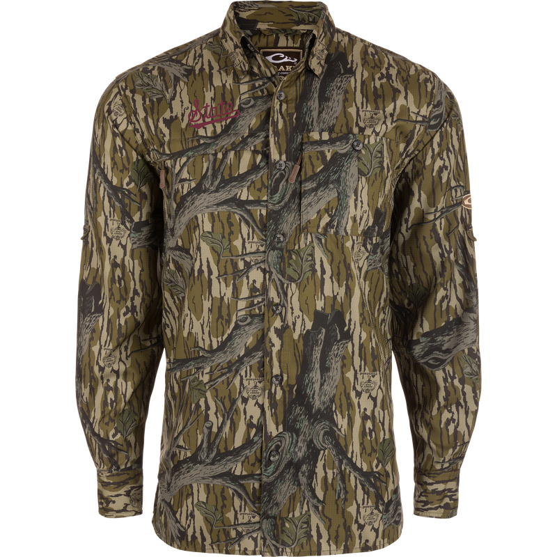 Mississippi State 8-Shot Long Sleeve Shirt in camo pattern, featuring a collared style, embroidered logo, vented cape back, and multiple hidden pockets.