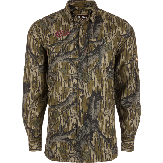 Mississippi State 8-Shot Long Sleeve Shirt in camo pattern, featuring a collared style, embroidered logo, vented cape back, and multiple hidden pockets.