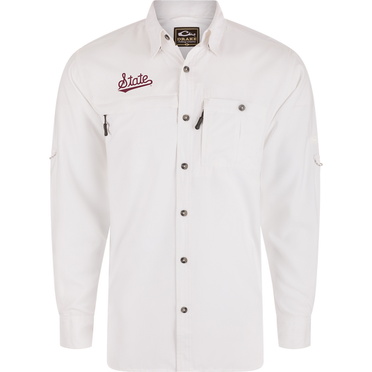 Mississippi State 8-Shot Long Sleeve Shirt with State logo, vented cape back, zip and button pockets, and metal-tone snaps, designed for performance and sun protection.