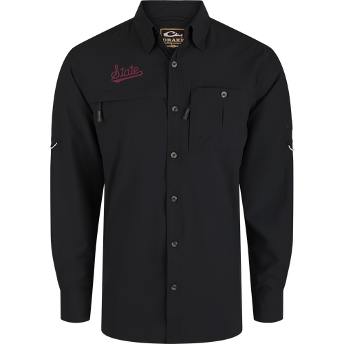 Mississippi State 8-Shot Long Sleeve Shirt with technical features, point collar, button placket, two chest pockets, and embroidered State logo, ideal for outdoor activities.