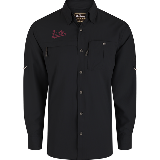 Mississippi State 8-Shot Long Sleeve Shirt with technical features, point collar, button placket, two chest pockets, and embroidered State logo, ideal for outdoor activities.