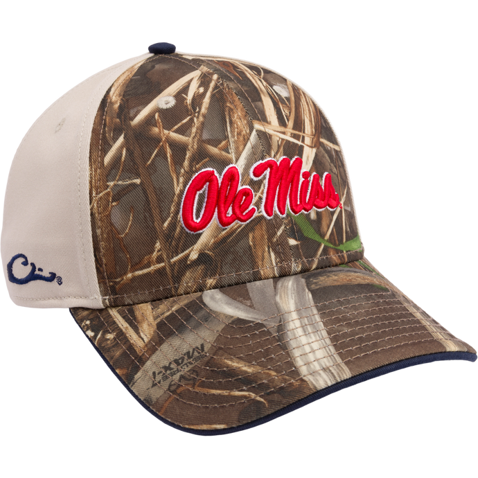 Alt text: Ole Miss Max-7 Twill Cap, a structured six-panel cap with Realtree Max 7 Camo pattern, embroidered college logo, and adjustable closure. Ideal for hunting and outdoor enthusiasts.