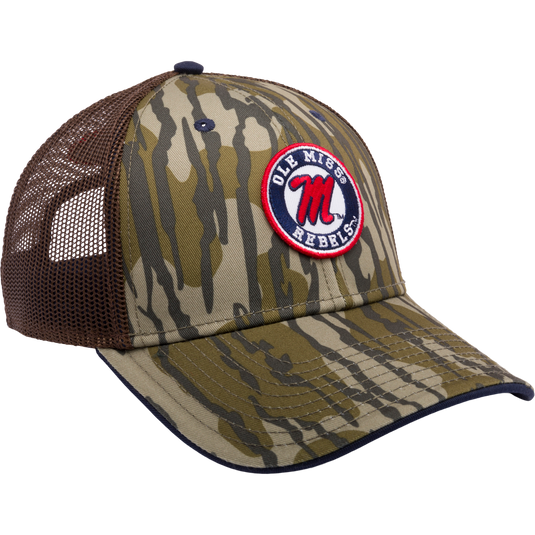 Alt text: Ole Miss Bottomland Mesh Back Cap featuring Mossy Oak Bottomland Camo pattern, 6-panel construction with mesh back, X-Peak visor, and embroidered college logo. Snap-back closure for adjustability.