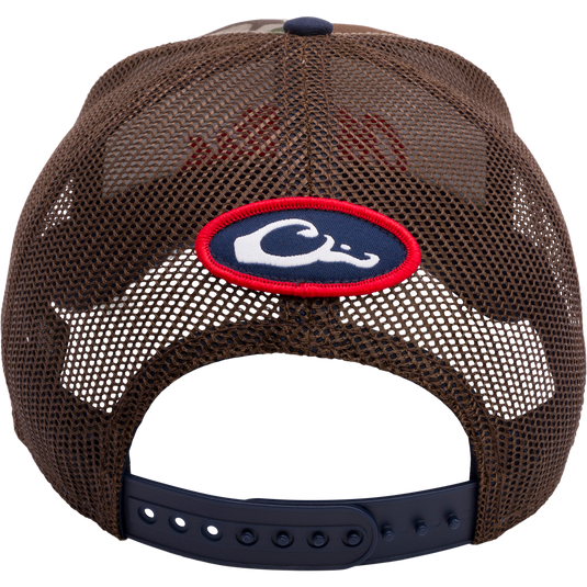 A structured Ole Miss Old School Green Cap with mesh back panels, X-Peak visor, and 3D embroidered college logo. Snap-back closure for adjustability. From Drake Waterfowl's Collegiate Series.