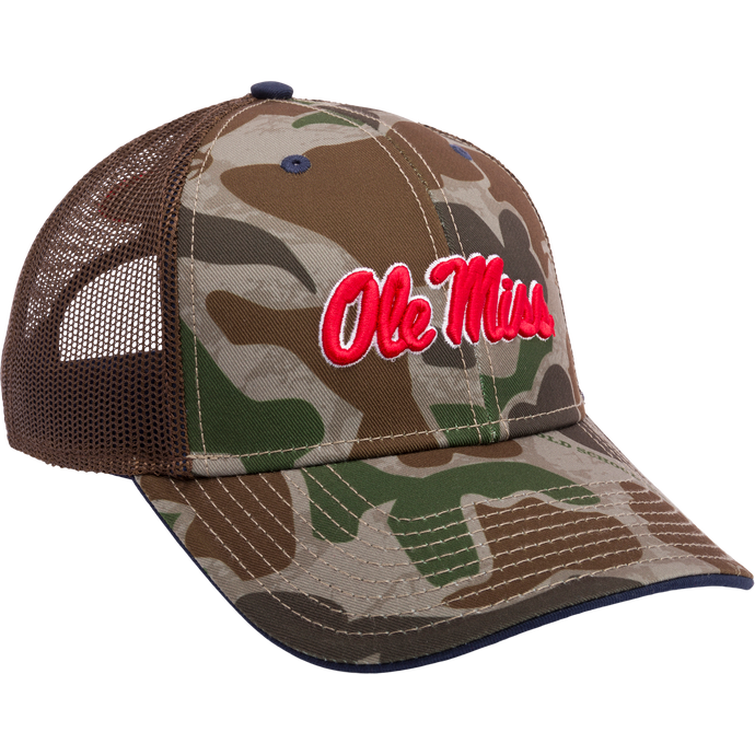 Embroidered Ole Miss Old School Green Cap with mesh back, structured crown, and X-Peak visor. Features 3D college logo and snap-back closure. From Drake Waterfowl's Collegiate Series.