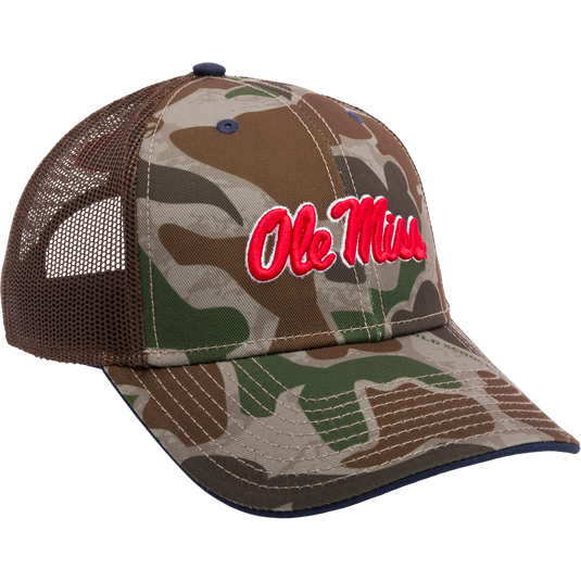 Embroidered Ole Miss Old School Green Cap with mesh back, structured crown, and X-Peak visor. Features 3D college logo and snap-back closure. From Drake Waterfowl's Collegiate Series.