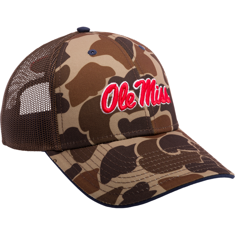 Ole Miss Old School Cap: Camouflage trucker hat with mesh back panels. Features 3D embroidered college logo, structured crown, X-Peak visor, and snap-back closure. Ideal for hunting and casual wear.