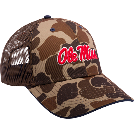 Ole Miss Old School Cap: Camouflage trucker hat with mesh back panels. Features 3D embroidered college logo, structured crown, X-Peak visor, and snap-back closure. Ideal for hunting and casual wear.
