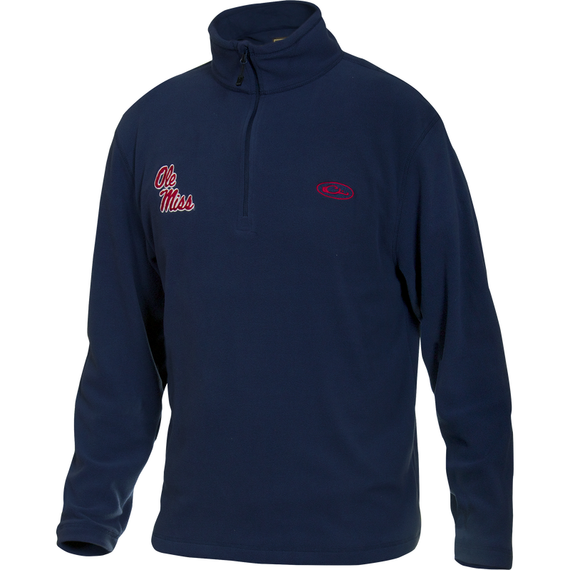 A midweight Camp Fleece 1/4 Zip Pullover featuring the Ole Miss logo on the right chest. Perfect for cool fall days, it has an anti-pill finish and is made of 100% polyester micro-fleece. Moisture-wicking and durable.