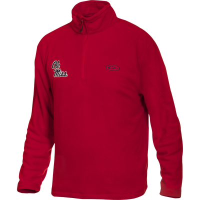 A midweight red Camp Fleece 1/4 Zip Pullover with Ole Miss logo on right chest. Anti-pill finish for longer fabric life.