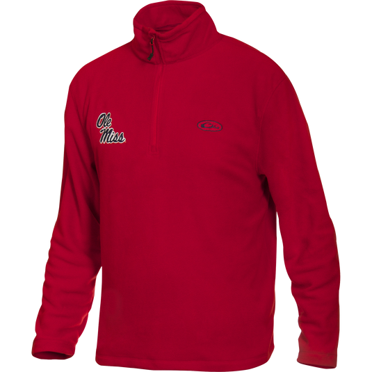 A midweight red Camp Fleece 1/4 Zip Pullover with Ole Miss logo on right chest. Anti-pill finish for longer fabric life.