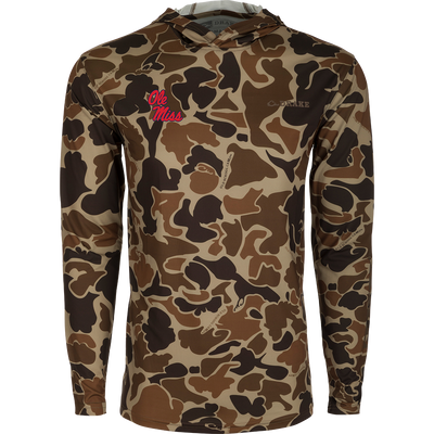 Ole Miss Performance Long Sleeve Camo Hoodie: A versatile, lightweight hoodie with built-in cooling, UPF 50 sun protection, and moisture-wicking properties.