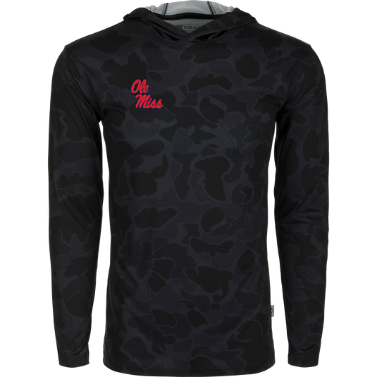 A versatile Ole Miss Performance Long Sleeve Camo Hoodie with exceptional functionality and performance features. Lightweight, moisture-wicking, and quick-drying fabric with UPF 50 sun protection. Perfect for all-year wear in various weather conditions.