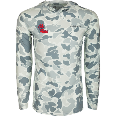 A long-sleeved performance camo hoodie with exceptional functionality and built-in cooling, UPF 50 sun protection, moisture-wicking, and quick-drying features. Lightweight and versatile, perfect for all weather conditions. From Drake Waterfowl, high-quality hunting gear and clothing.