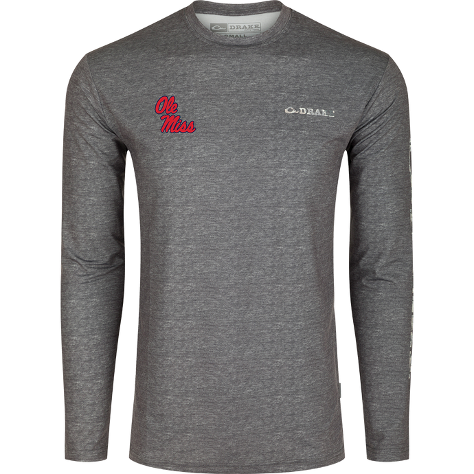 Ole Miss Performance Heather Long Sleeve Crew - A functional grey shirt with red text, designed for all-year wear with cooling, stretch, and moisture-wicking features. Lightweight and comfortable, perfect for Autumn afternoons.