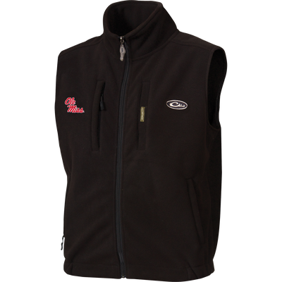 Ole Miss Windproof Layering Vest with red script logo, high collar, and zip pockets. Ideal for hunting, featuring windproof, water-resistant fleece for warmth without bulk.