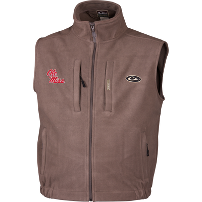 Ole Miss Windproof Layering Vest with stand-up collar, zip-up front, and embroidered logos; features chest zip pockets and handwarmer pockets, ideal for wind protection.