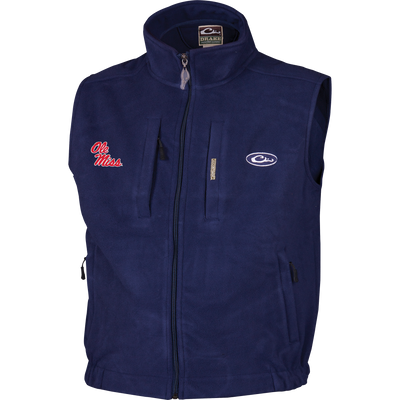 Ole Miss Windproof Layering Vest with stand-up collar, zip-front, chest pockets, and logos, offering warmth and wind protection without bulk.
