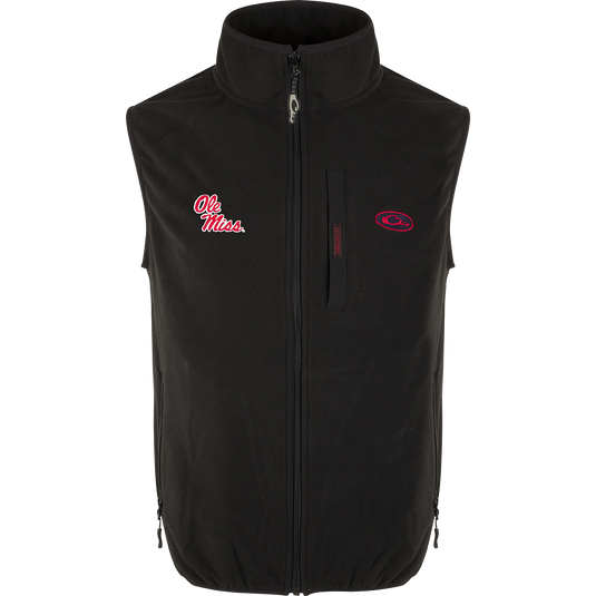 A windproof layering vest with Ole Miss logo embroidery on the right chest. Stand-up collar, Magnattach™ left chest pocket, and lower hand warmer pockets. Made of 100% polyester with a windproof, water-resistant ultra-warm fleece. Ideal for big game hunting, waterfowl hunting, turkey hunting, and fishing. High-quality hunting gear and clothing from Drake Waterfowl.