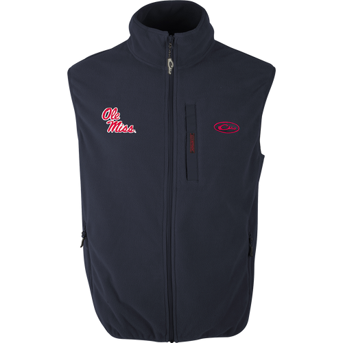 A black Windproof Layering Vest with Ole Miss logo embroidery on the right chest. Features a stand-up collar, Magnattach™ left chest pocket, and lower hand warmer pockets. Made of 100% polyester windproof, water-resistant ultra-warm fleece. Perfect for outdoor activities.