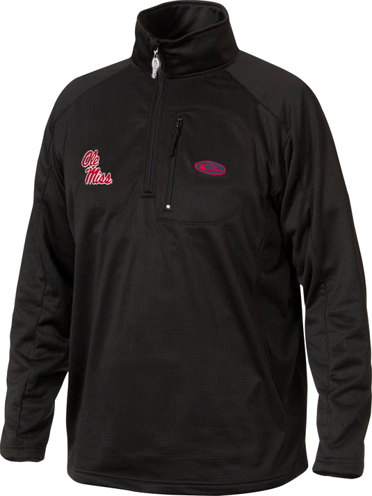 A black jacket with a logo on the right chest, ideal for active outdoorsmen in cool weather. Made of 100% polyester with 4-way stretch and square check fleece backing for improved breathability. Features a vertical front chest zippered pocket.
