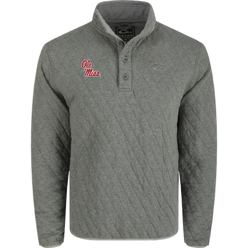 A grey Delta Quilted 1/4 Snap Sweatshirt with an embroidered team logo, made from 100% brushed BCI Cotton. Midweight at 350 GSM, it features a Polyester Fill Diamond Quilting for added warmth. Perfect for cool Autumn days.