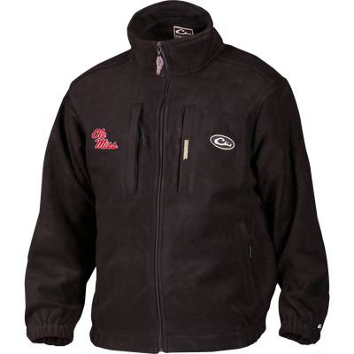 Ole Miss Windproof Layering Coat, featuring high collar, elastic cuffs, red Ole Miss embroidery, small oval logo, zippered and magnetic chest pockets, and handwarmer pockets.