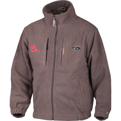 Men’s Ole Miss Windproof Layering Coat with stand-up collar, chest zip pockets, and logos, designed for warmth and wind protection in outdoor settings.