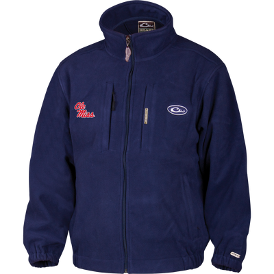 Navy-blue Ole Miss Windproof Layering Coat with high collar, Drake Waterfowl logo, zippered and magnetic chest pockets, and handwarmer pockets, ideal for outdoor comfort.