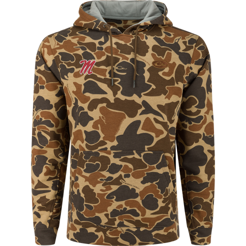 Ole Miss Three End Hoodie with camo pattern, drawstring hood, kangaroo pocket, ribbed cuffs, and small M logo, ideal for hunting and casual wear.