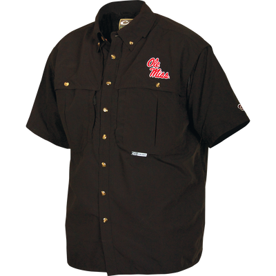 Ole Miss Wingshooter's Shirt Short Sleeve with chest pockets, snap closures, “Ole Miss” embroidery, and vented design for breathability, ideal for active outdoor use.