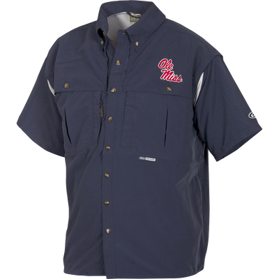 Ole Miss Wingshooter's Shirt Short Sleeve with button front, mesh venting, chest pockets, and embroidered logo, designed for breathability and functionality from Drake Waterfowl.