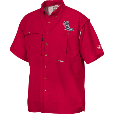 Ole Miss Wingshooter's Shirt Short Sleeve with Ole Miss logo, two flap pockets, vented for breathability, featuring Magnattach™ pocket and zippered chest pocket, ideal for outdoor activities.