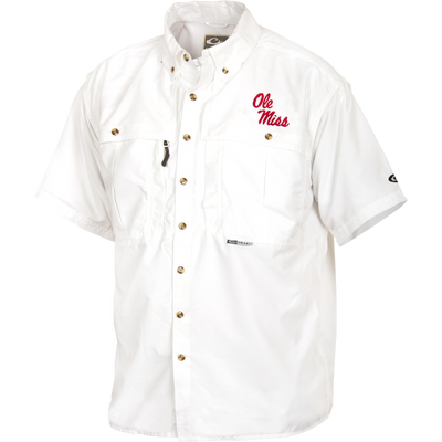 Ole Miss Wingshooter's Shirt Short Sleeve features front pockets, brass-tone buttons, red embroidery, and vented design for breathability, ideal for warm weather and active use.