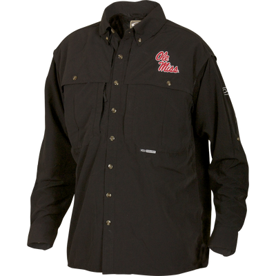 Ole Miss Wingshooter's Shirt Long Sleeve with logo, snap buttons, and vented design. Features include oversized pockets and Magnattach pocket for functionality and comfort.