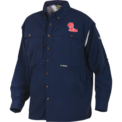 Ole Miss Wingshooter's Shirt Long Sleeve showcasing Drake Waterfowl branding, multiple pockets, and ventilation features, ideal for breathable comfort during outdoor activities.