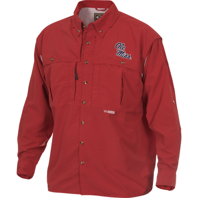 Ole Miss Wingshooter's Shirt Long Sleeve with embroidered logo, front and back ventilation, oversized chest pockets, and Magnattach pocket, ideal for warm weather activities.