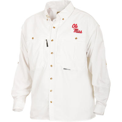 Ole Miss Wingshooter's Shirt Long Sleeve with button-down collar, chest pockets, and red script logo, featuring breathable vents and functional storage options, ideal for hunting and game day.