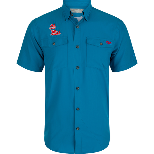 Ole Miss Frat Dobby Solid Short Sleeve Shirt: A performance shirt with hidden collar, chest pockets, and vented cape back.