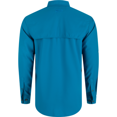 Ole Miss Frat Dobby Long Sleeve Shirt, a lightweight, moisture-wicking polyester shirt with hidden collar, chest pockets, and adjustable sleeves.