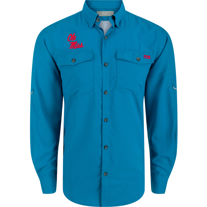 Ole Miss Frat Dobby Long Sleeve Shirt with hidden collar and chest pockets, made from featherweight 100% polyester. UPF30 sun protection, moisture-wicking, and quick-drying fabric for comfort. Sculpted hem and adjustable roll-up sleeves for versatility.