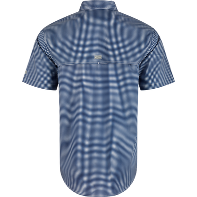 Ole Miss Frat Gingham shirt, back view. Lightweight, moisture-wicking fabric with UPF30 sun protection. Hidden button-down collar, vented cape back, and two chest pockets. Classic styling and technical features.
