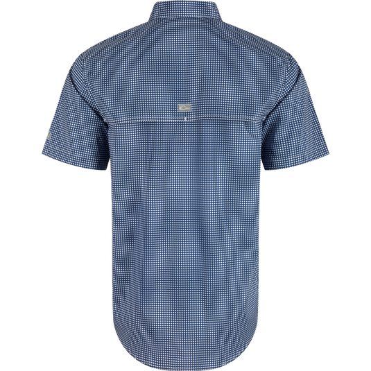 Ole Miss Frat Gingham shirt, back view. Lightweight, moisture-wicking fabric with UPF30 sun protection. Hidden button-down collar, vented cape back, and two chest pockets. Classic styling and technical features.