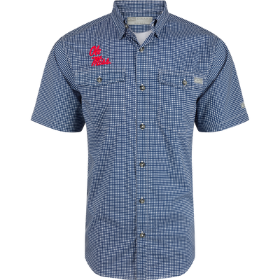 Ole Miss Frat Gingham shirt with hidden button-down collar, vented cape back, and sculpted hem. Lightweight, stretchy, and moisture-wicking.