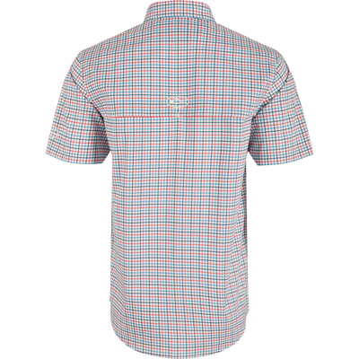 Ole Miss Frat Tattersall Short Sleeve Shirt, a lightweight performance shirt with UPF30 sun protection, moisture-wicking fabric, and a hidden button-down collar. Features include vented cape back, two chest pockets, and a sculpted hem.