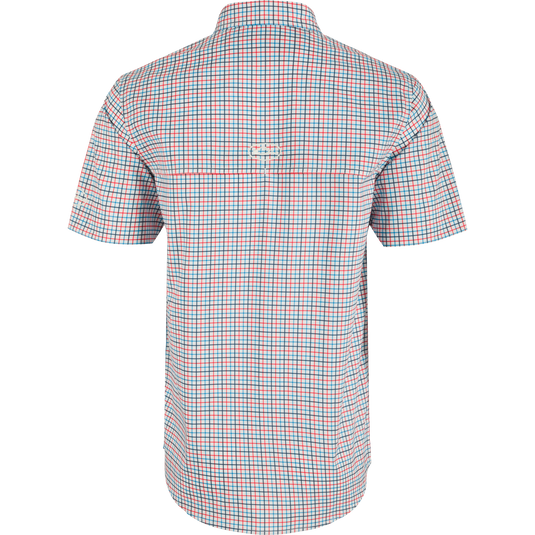 Ole Miss Frat Tattersall Short Sleeve Shirt, a lightweight performance shirt with UPF30 sun protection, moisture-wicking fabric, and a hidden button-down collar. Features include vented cape back, two chest pockets, and a sculpted hem.