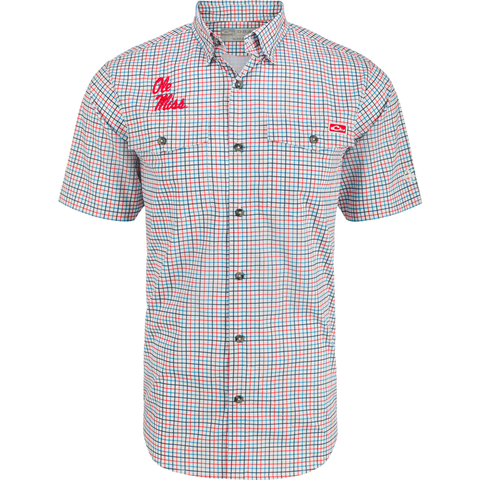 A classic fit Ole Miss Frat Tattersall shirt with hidden button-down collar, vented cape back, and two chest pockets. Lightweight, moisture-wicking, and UPF 30 sun protection.